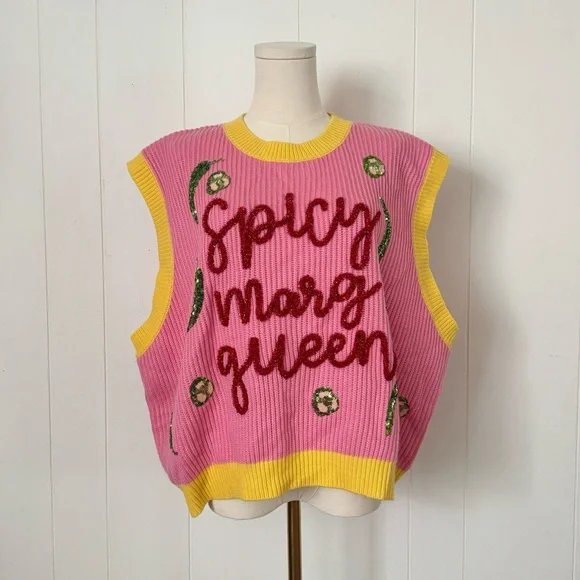 Queen of Sparkles Spicy Margarita Jalapeño Sequin Sweater Vest L NWOT - Picture 4 of 12